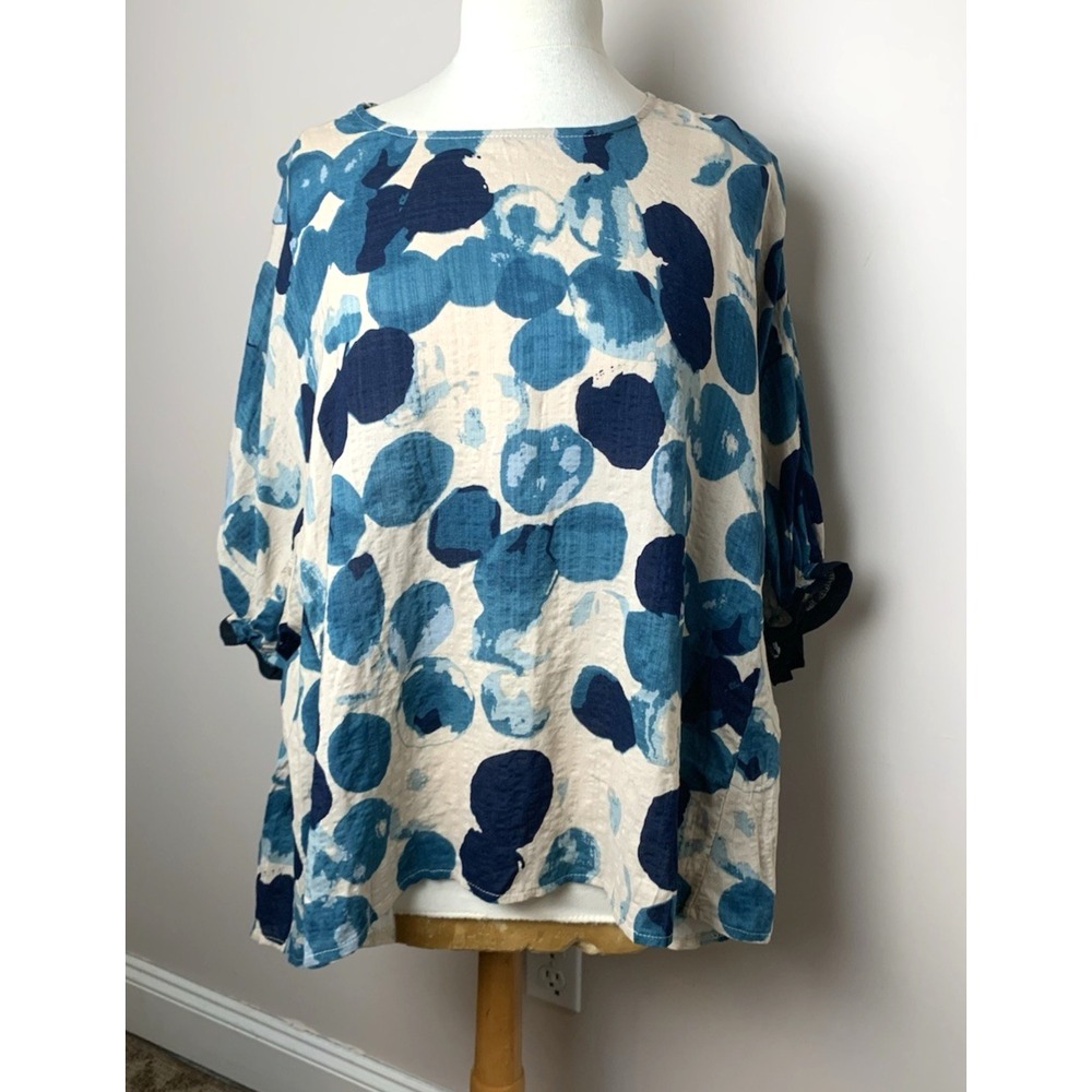 NEW Artsy Lagenlook Linen Top Womens One Size Abstract Blue Print HiLow - Picture 10 of 14